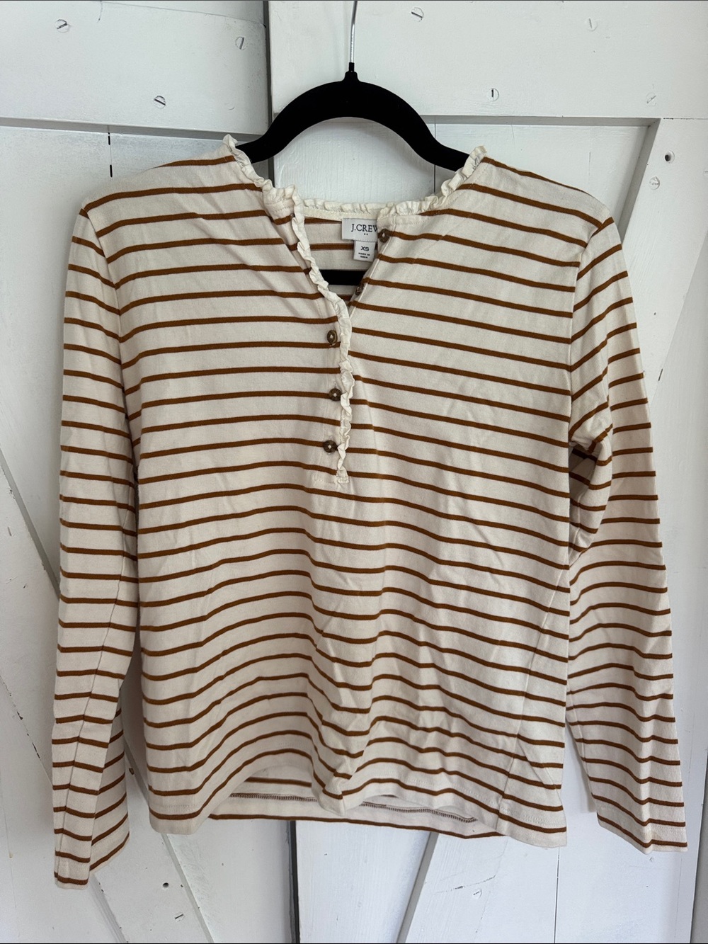 J. Crew Cream & Brown Striped Ruffle Henley Top